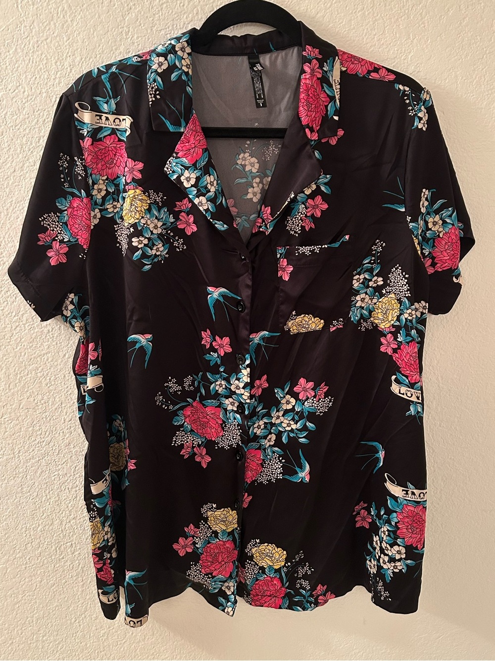 torrid Black Short-Sleeve Button-Up Pajama Set with Floral Print